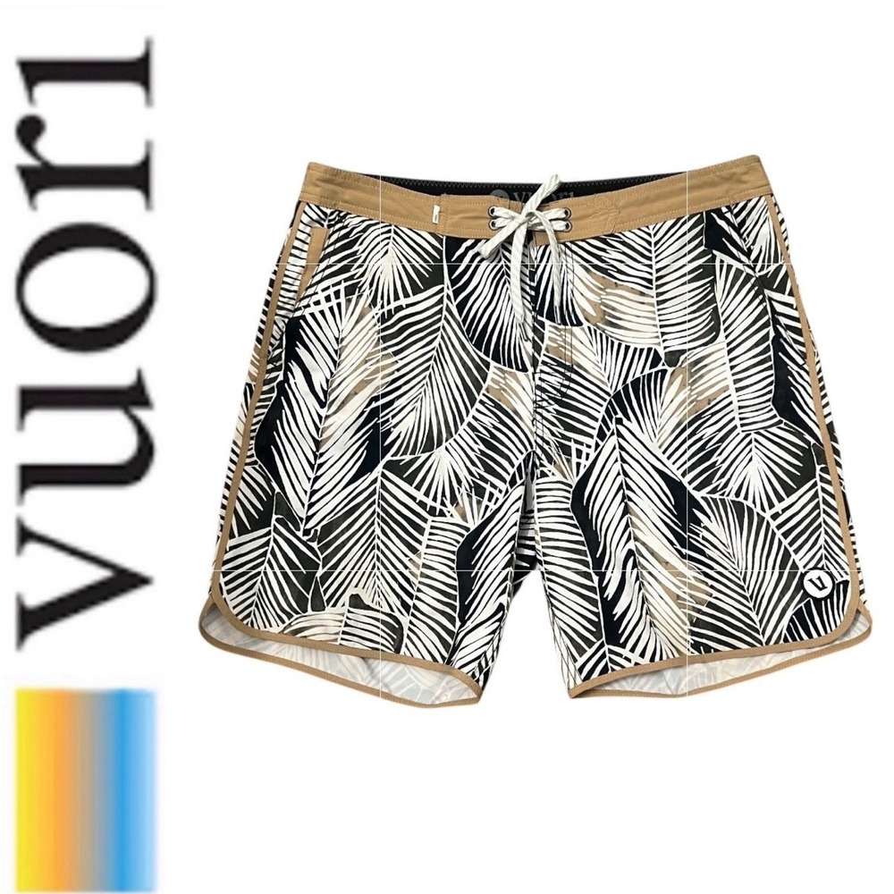 Vuori Cruise Board Shorts Palm Leaf Print Tan Trim Drawstring Pockets Men's S 32